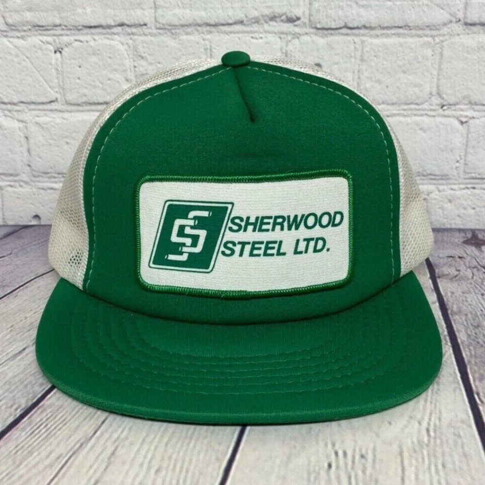 Vintage Sherwood Steel Ltd. Trucker Hat Mesh Cap Snapback Logo Patch Green